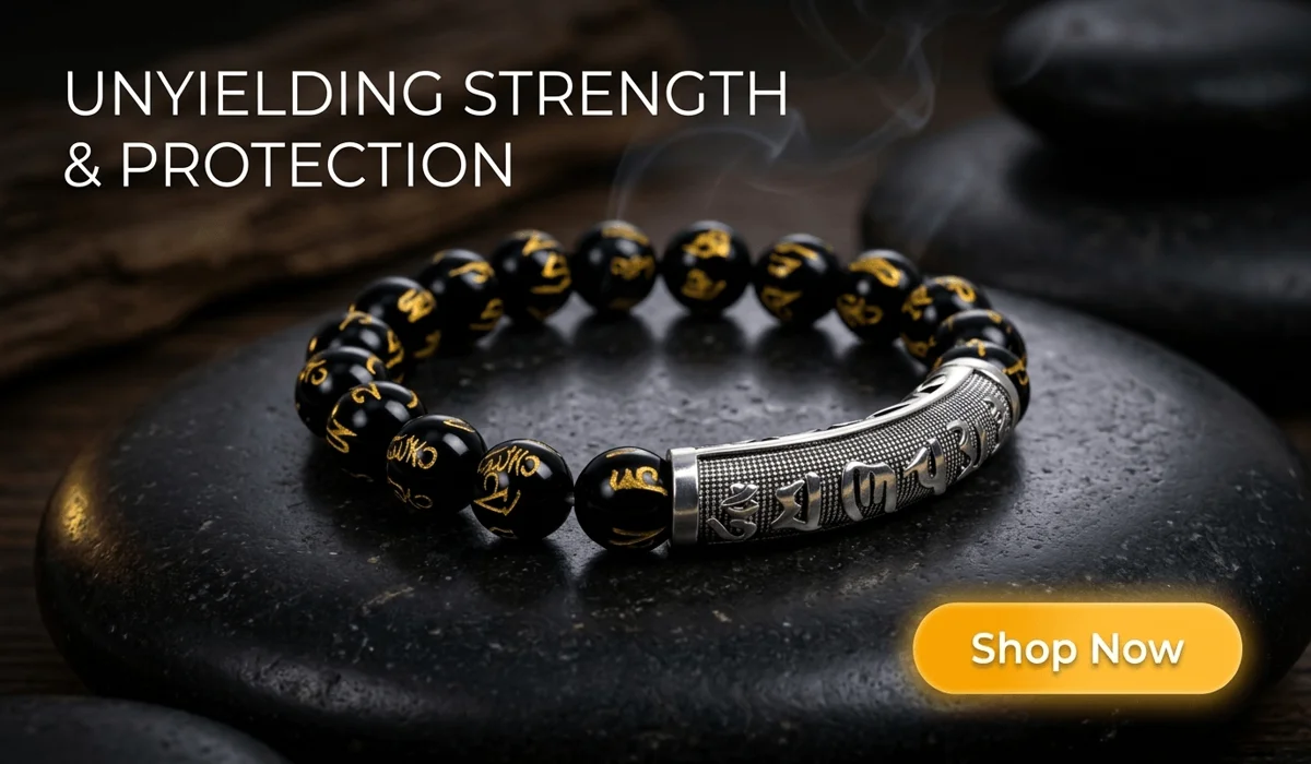 Obsidian Guardian Mantra Bracelet with gold engravings and silver cylinder on a zen stone background, featuring a Shop Now button for spiritual protection jewelry.