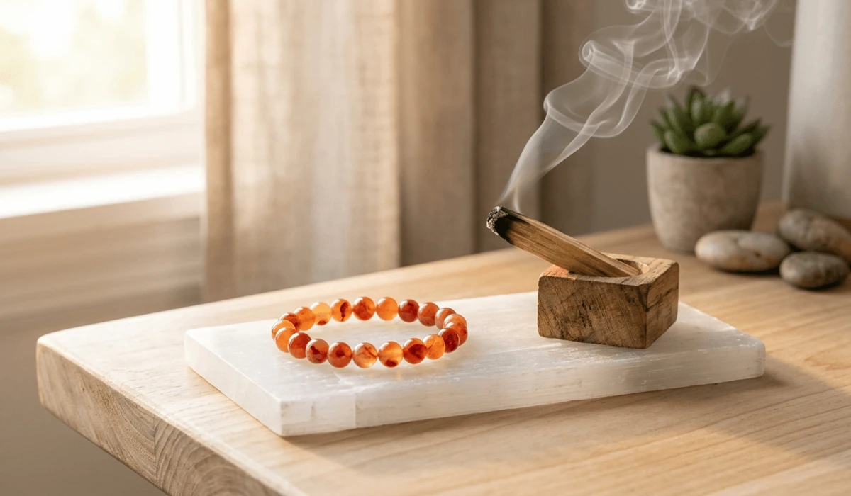 Cleansing a carnelian crystal bracelet on a selenite slab with fragrant Palo Santo smoke.