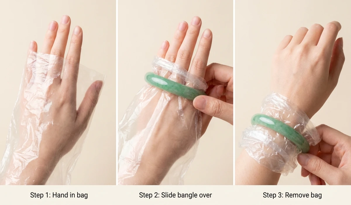 Demonstration of the plastic bag method to safely put on a tight jade bangle.