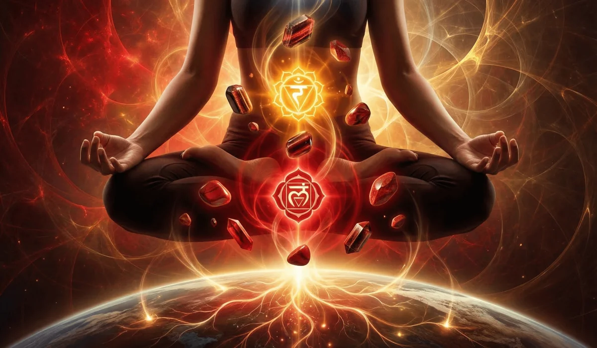 Illustration of Red Jasper and Red Tiger Eye activating the Root and Solar Plexus chakras for grounding and motivation.