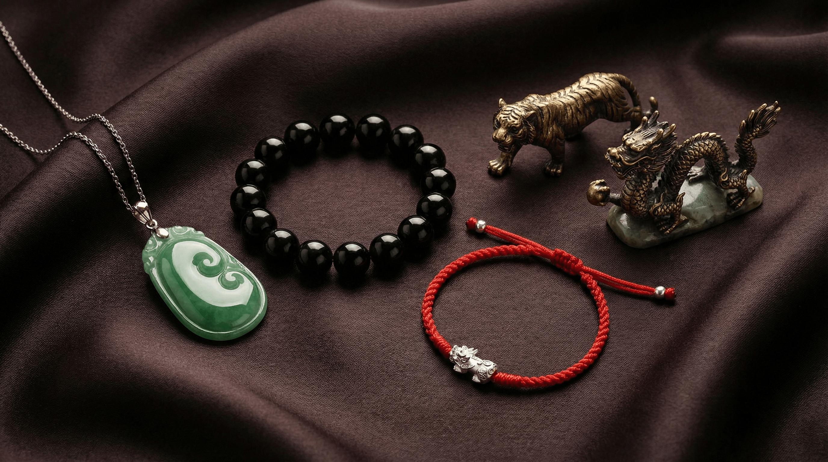Feng Shui jewelry collection including jade, black obsidian, and red string bracelets for relationship harmony.