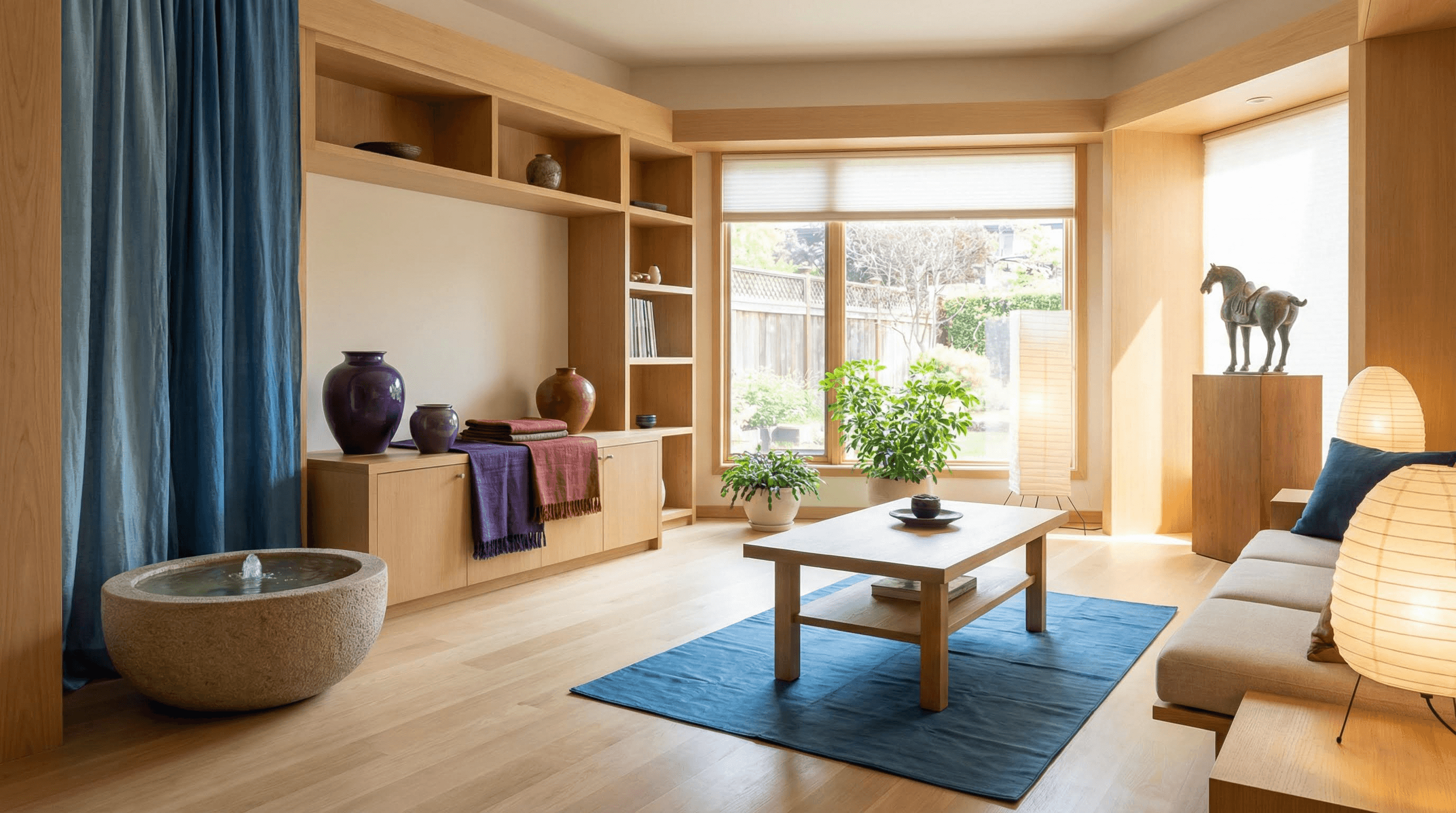A serene Feng Shui interior with wood elements and blue silk accents to balance the Fire energy of 2026.