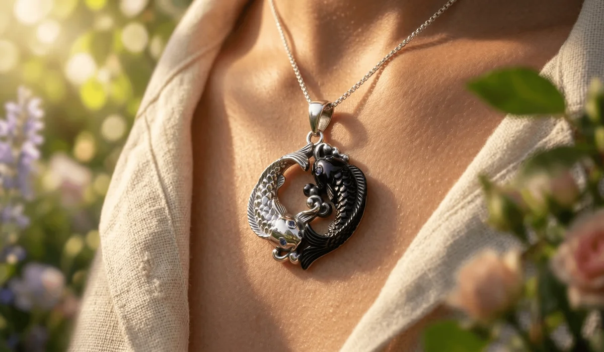 Close-up of a luxury Yin Yang Koi necklace pendant, signifying spiritual resilience and serving as a mindfulness anchor for the wearer.