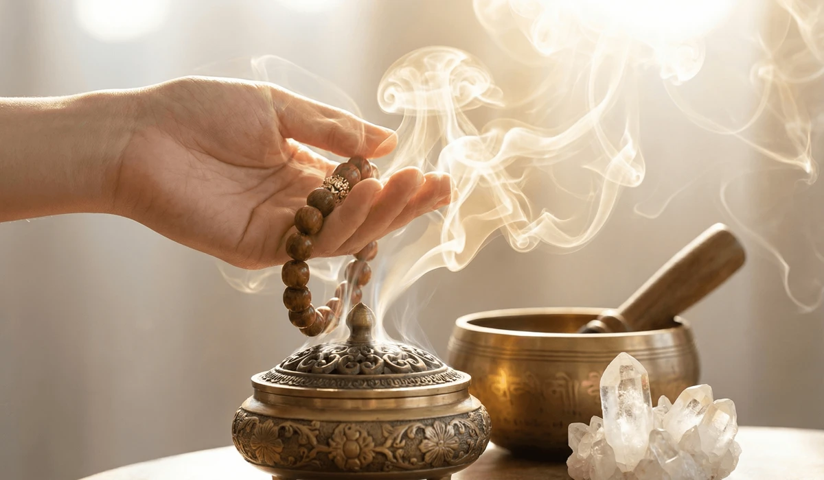 Cleansing a Tibetan Buddhist bracelet with incense smoke and crystals to refresh its spiritual energy.