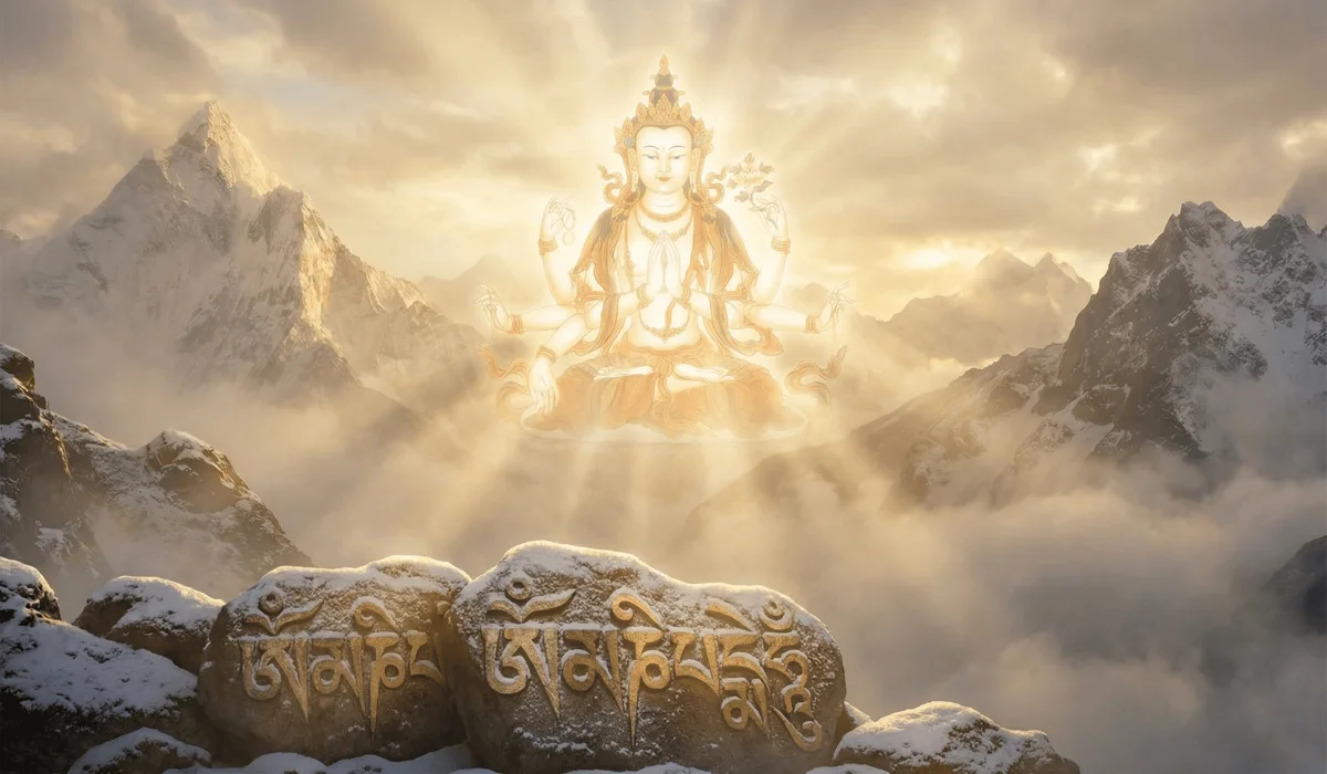 The divine manifestation of Avalokiteshvara amidst Himalayan mountains and sacred Mani stones, representing the origins of the six-syllable mantra.