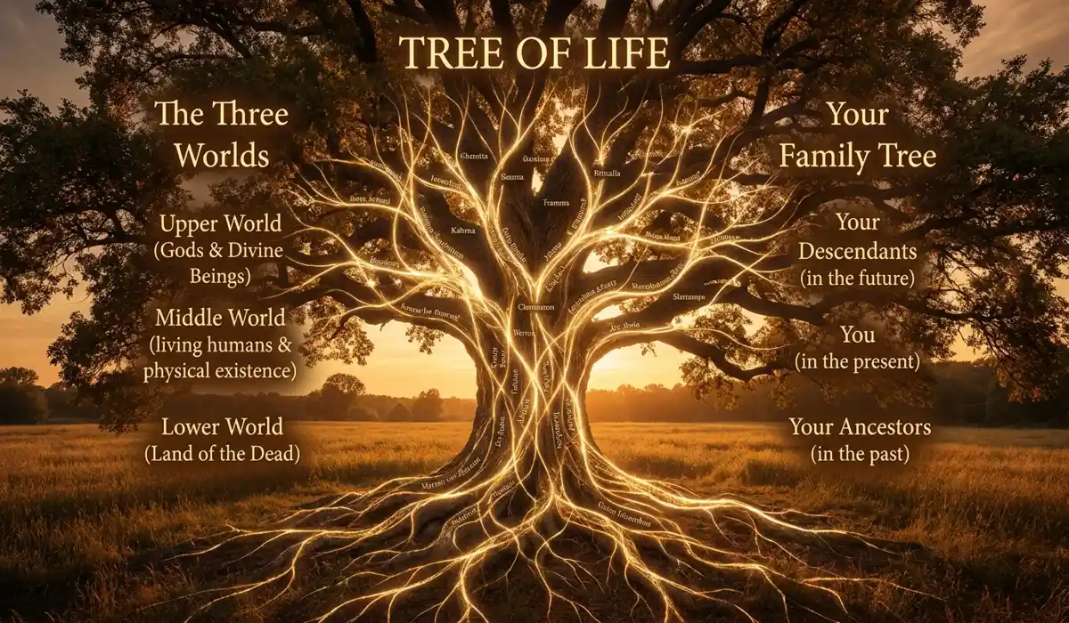 An ancient oak tree with glowing branches representing ancestral connection and the family tree.