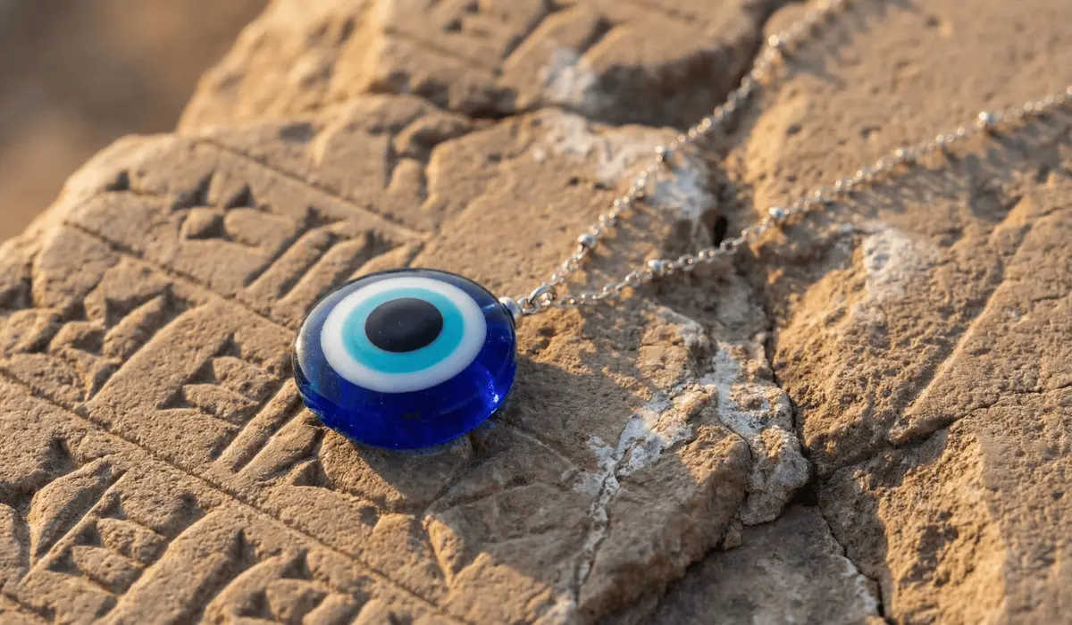 A traditional blue glass evil eye necklace resting on an ancient stone background, symbolizing cultural history and spiritual protection.