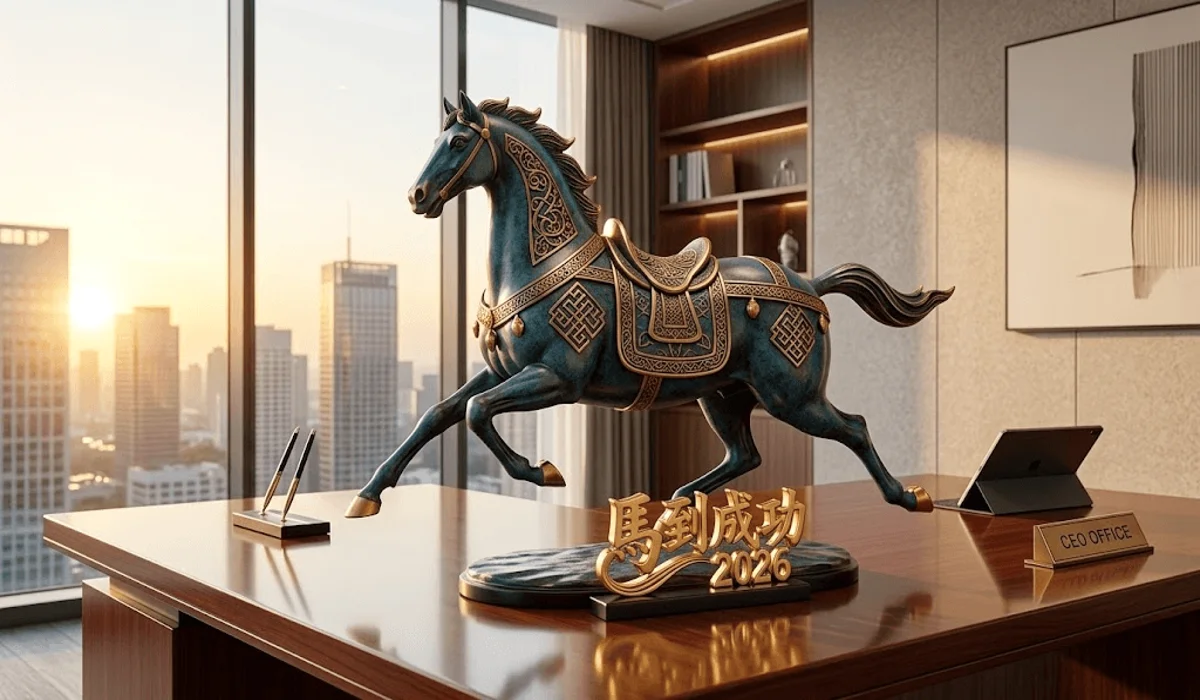 A bronze horse statue on an office desk symbolizing career success and Ma Dao Cheng Gong in 2026.