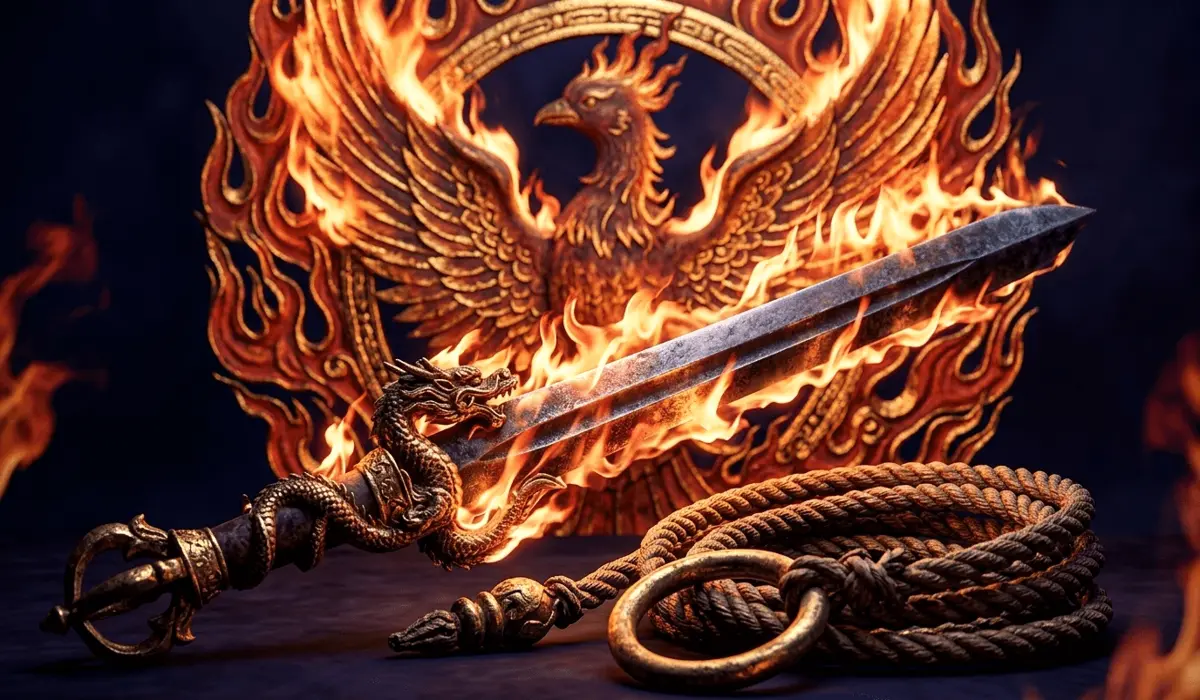 Close-up of Acala's Kurikara sword, Kensaku rope, and Karura-en flame halo, representing wisdom and protection in Esoteric Buddhism.
