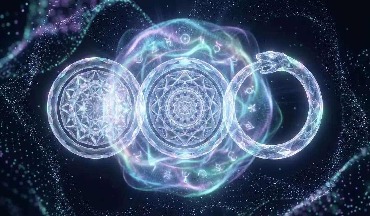 Sacred geometry artwork of three interconnected crystalline circles and an Ouroboros serpent, representing the spiritual philosophy of Angel Number 000.