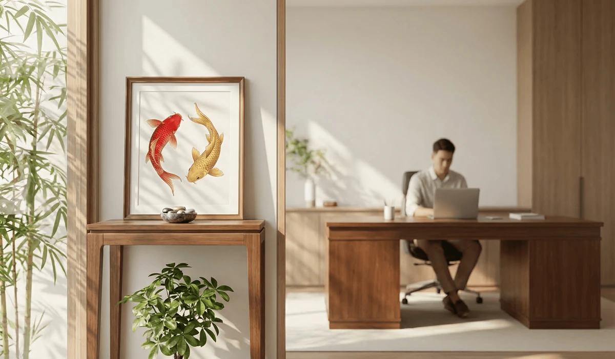 A modern office space with Feng Shui koi fish symbols to activate wealth and career energy.