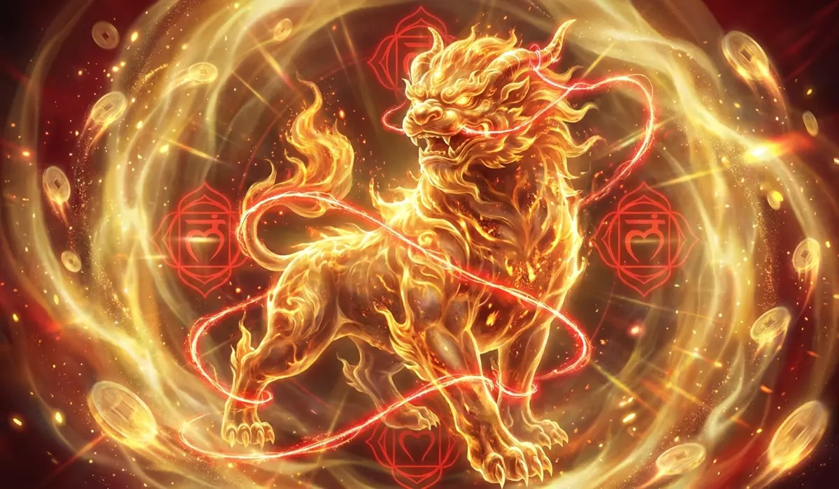 Spiritual illustration of a celestial Pixiu creature surrounded by red fire energy and the red thread of fate, symbolizing wealth protection and Chi balance.