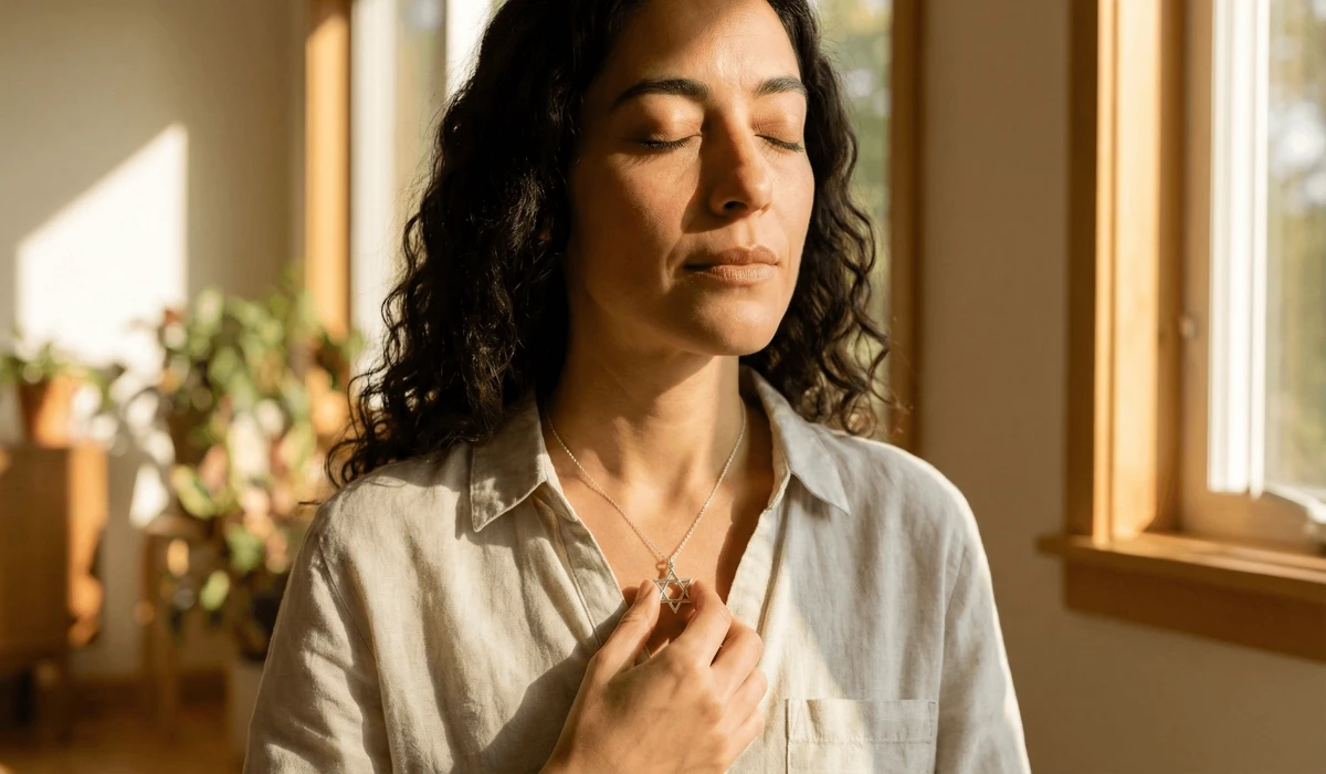 A woman wearing a Star of David necklace near her heart center, representing spiritual protection and mindfulness.