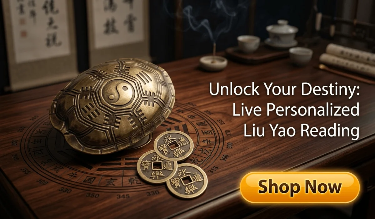 Live Personalized Eastern Tarot Liu Yao Reading featuring ancient bronze turtle shell and coins for destiny divination