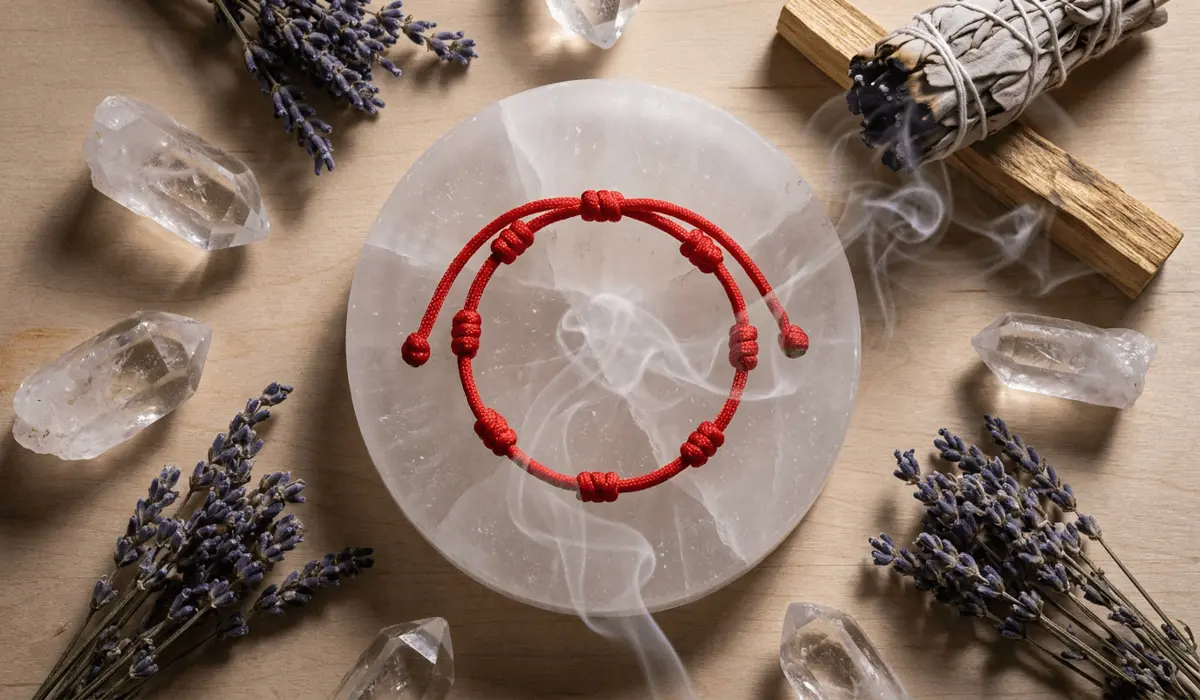 Flat lay photo of a 7-knot red string bracelet being cleansed with sage smoke on a selenite crystal charging plate.