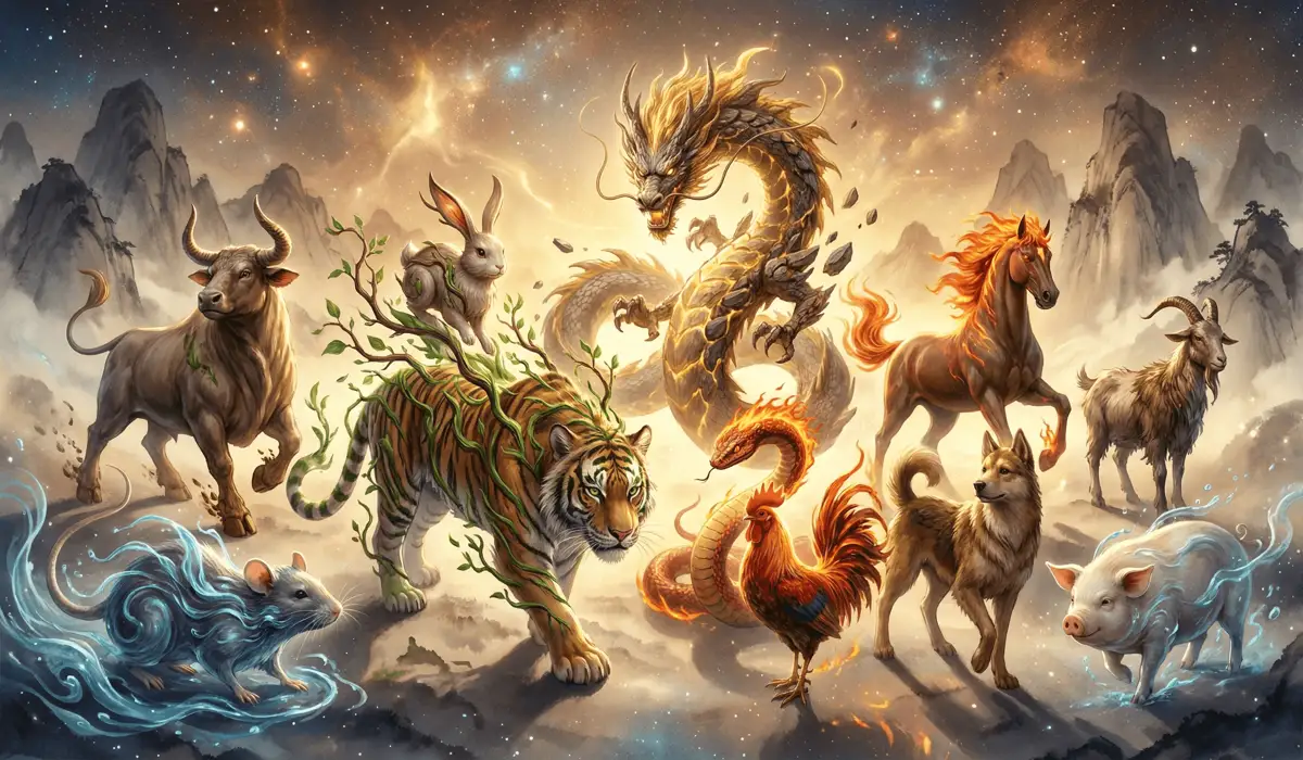 A cinematic representation of the 12 Chinese Zodiac animals with their respective elemental energies of Wood, Fire, Earth, Metal, and Water.