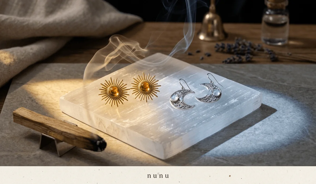 Sacred gold and silver earrings being cleansed on a Selenite plate with Palo Santo smoke to balance solar and lunar energies.