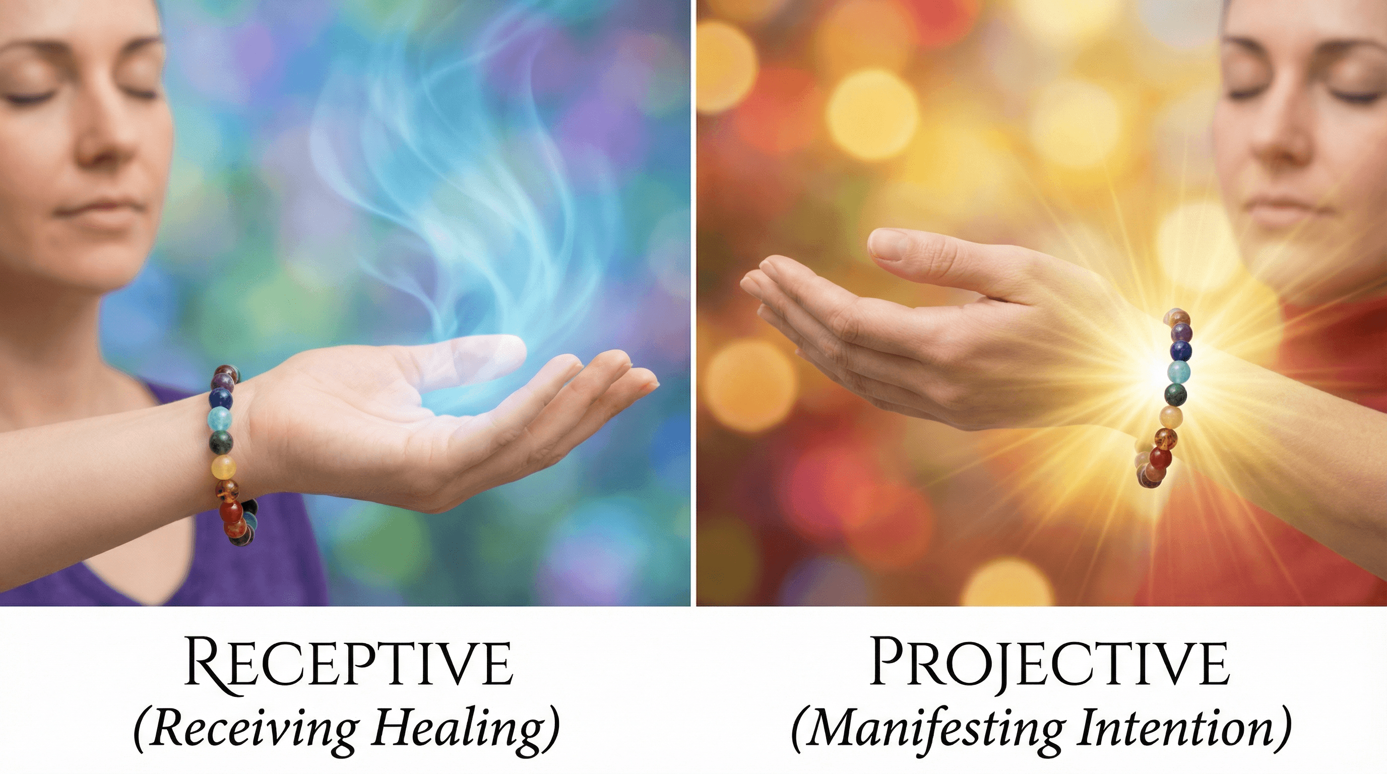 Comparison of wearing a chakra bracelet on the left receptive hand versus the right projective hand.