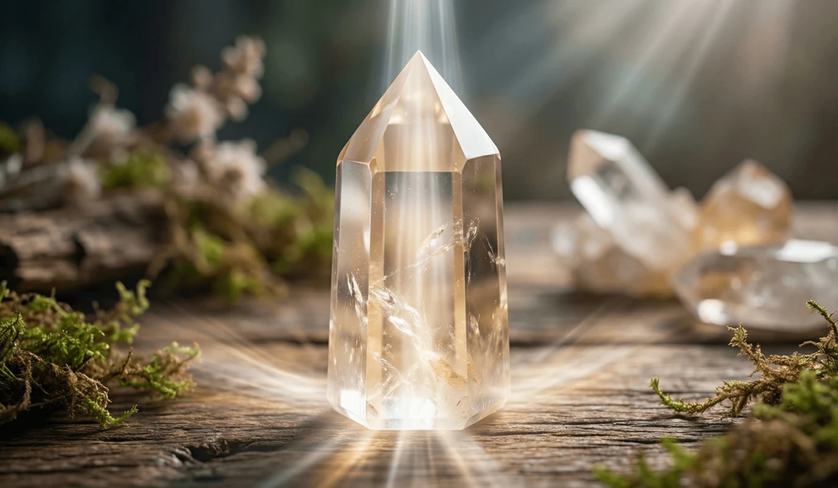 A clear quartz tower crystal column directing energy upwards through its pointed apex on a wooden surface.