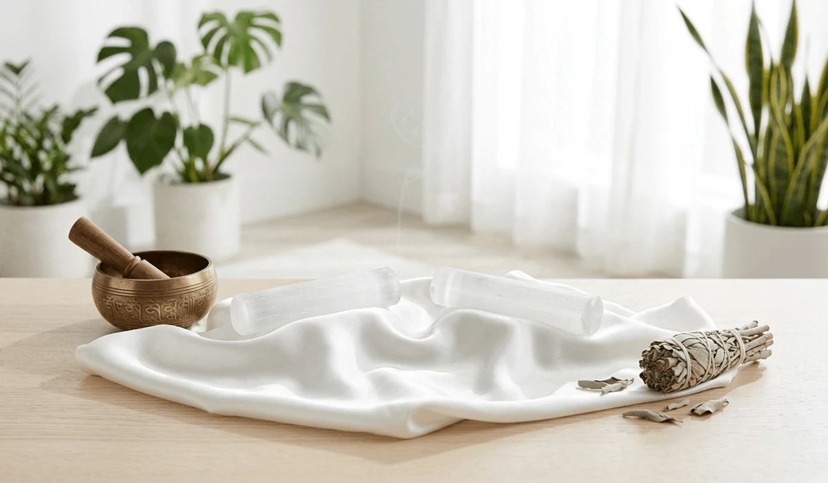 Selenite harmonizers and spiritual tools arranged in a meditation corner for energy balancing.