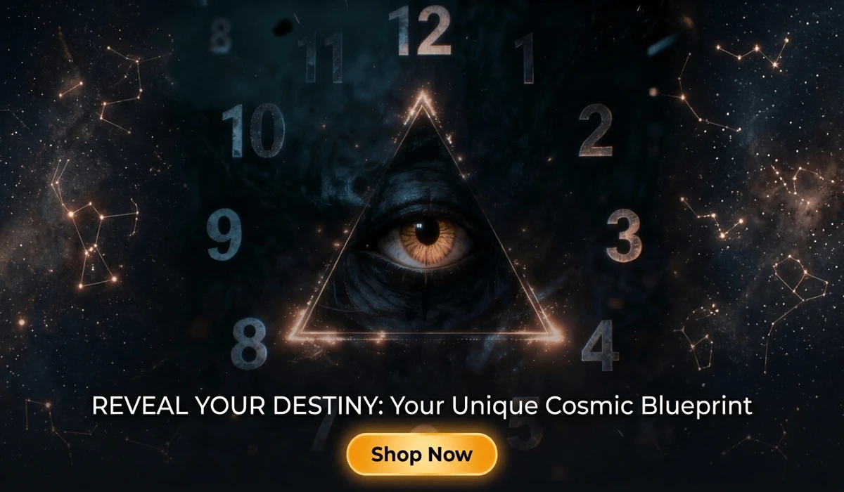 Personalized Birth Chart Report illustration featuring a mystical all-seeing eye in a glowing triangle with cosmic clock numbers and a Shop Now button for astrological services.