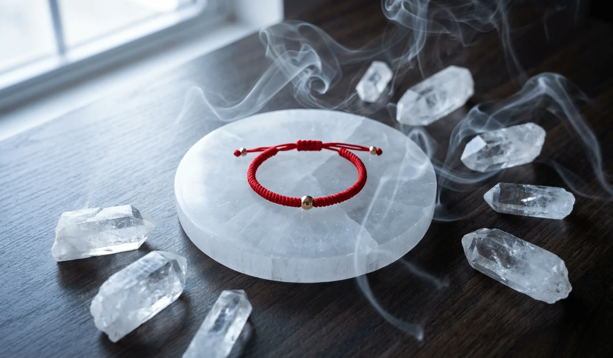 A red string bracelet placed on a selenite crystal charging plate surrounded by sage smoke for energetic cleansing.