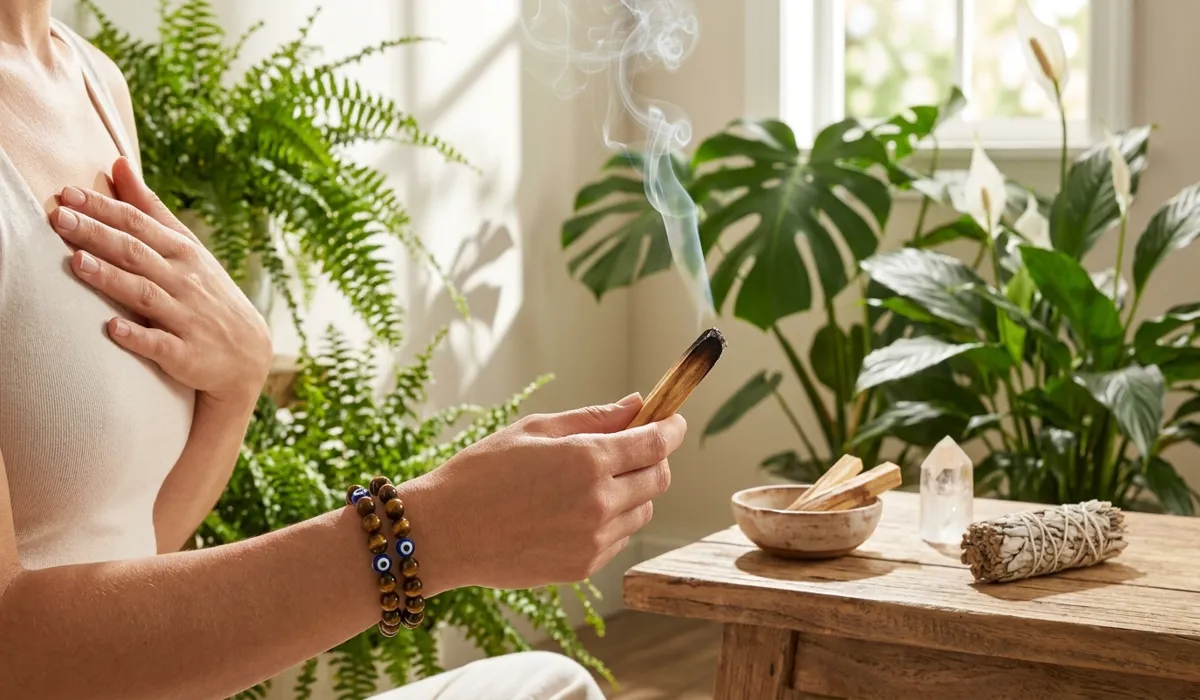 A woman wearing a Tiger's Eye protection bracelet while performing a cleansing ritual with Palo Santo smoke.
