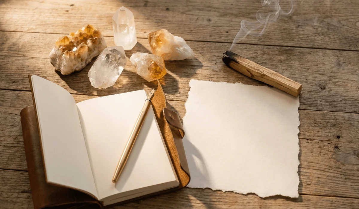 A flat-lay of manifestation tools including gold pen, crystals, and palo santo for numerology rituals.