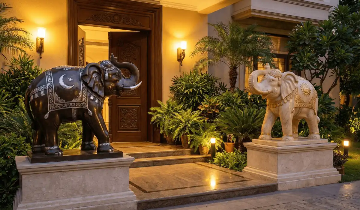 A pair of elephant statues placed at a home entrance according to Feng Shui rules to attract luck and protect the household.