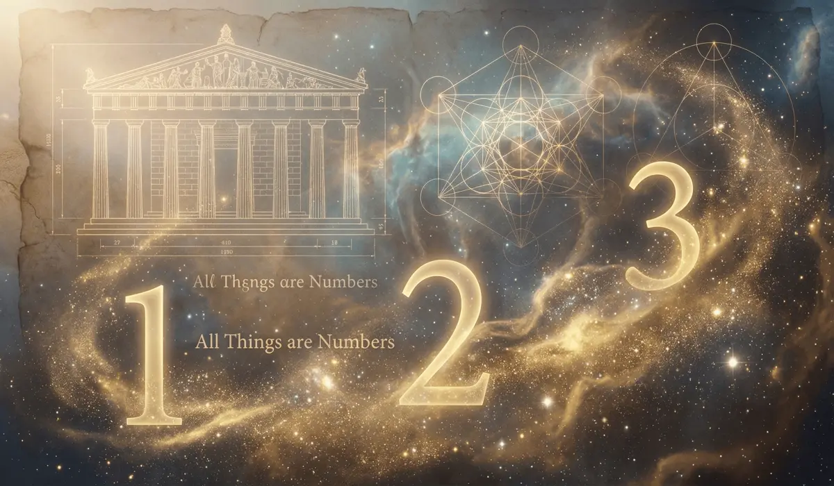 Ancient Pythagorean numerology and sacred geometry symbols floating in a cosmic nebula, representing the divine origins of angel numbers.