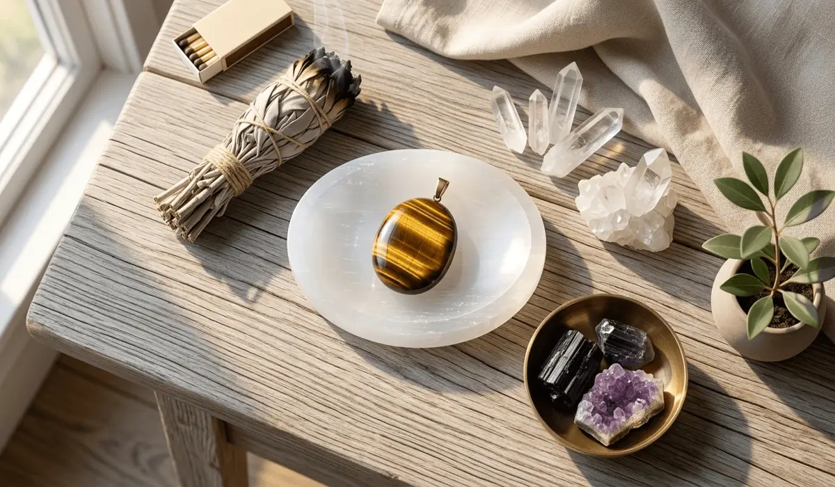 Tiger's Eye pendant being charged on a Selenite plate in morning sunlight with sage for cleansing.