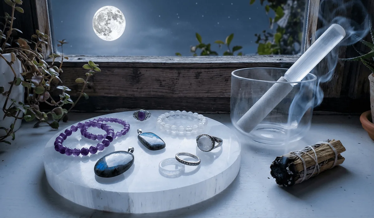 Spiritual jewelry being cleansed and charged on a selenite plate under full moonlight with a singing bowl and palo santo.