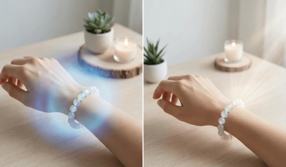 Visual guide showing the difference between wearing a moonstone bracelet on the left versus the right hand for energy flow.