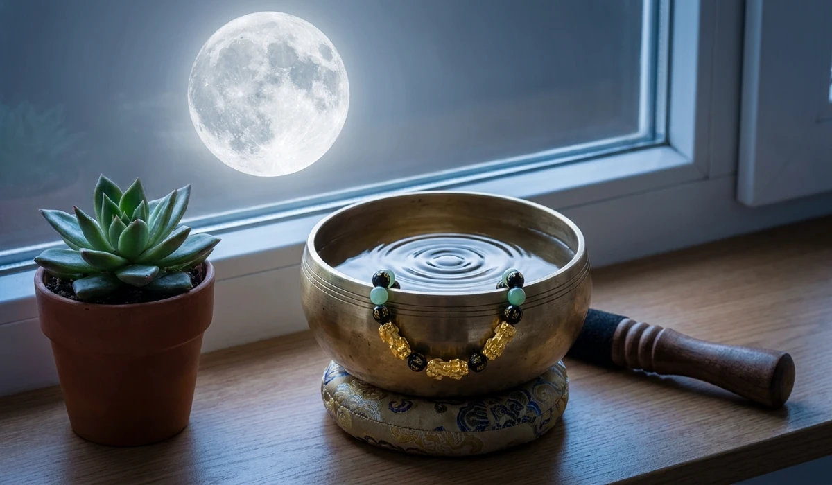 A child's Feng Shui bracelet being cleansed in a brass singing bowl on a moonlit windowsill.