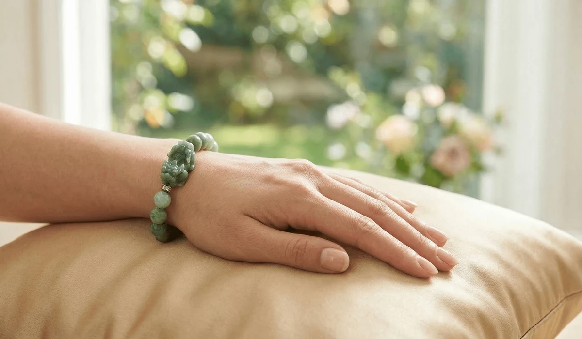 Proper way to wear a Feng Shui bracelet on the left hand with the Pixiu facing outward to attract abundance.