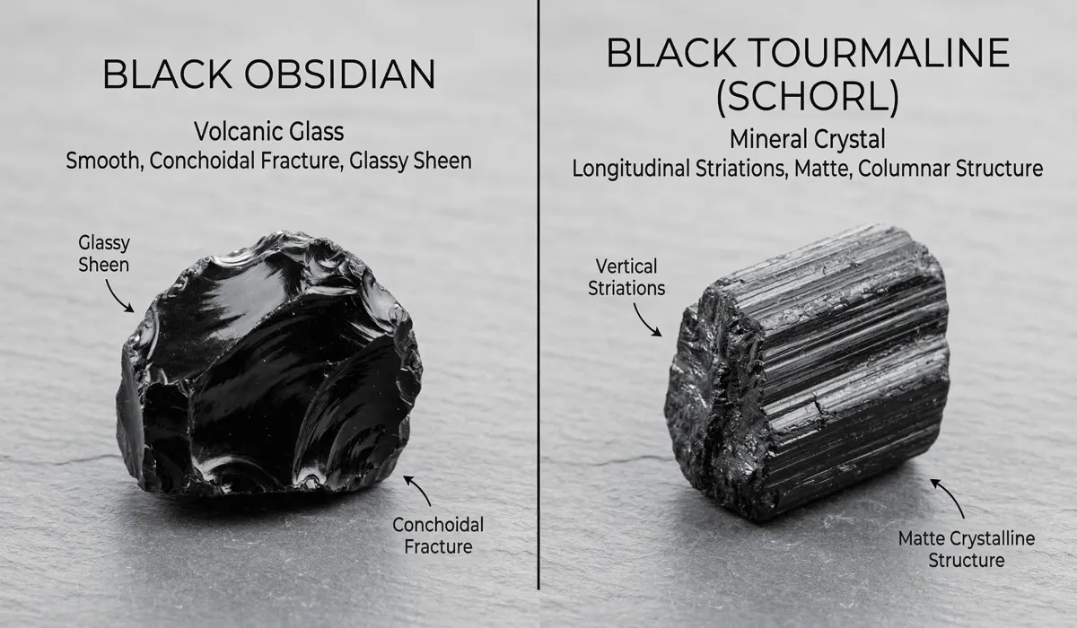 Side-by-side visual comparison of black obsidian volcanic glass and black tourmaline crystal structures for identification.