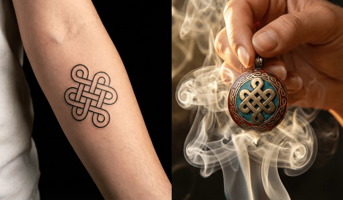 Side-by-side comparison of a permanent Endless Knot tattoo and a gold Endless Knot necklace being cleansed with sage.