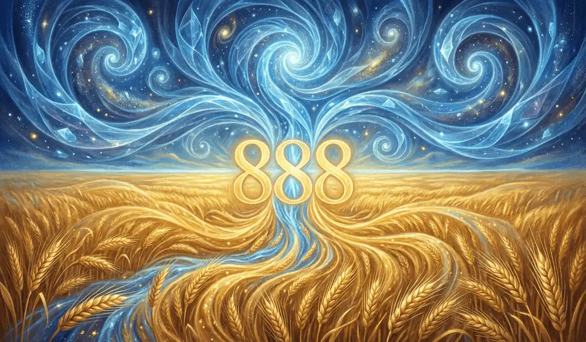 Vertical 888 symbol connecting celestial energy with a golden harvest, representing the Hermetic principle of manifestation.