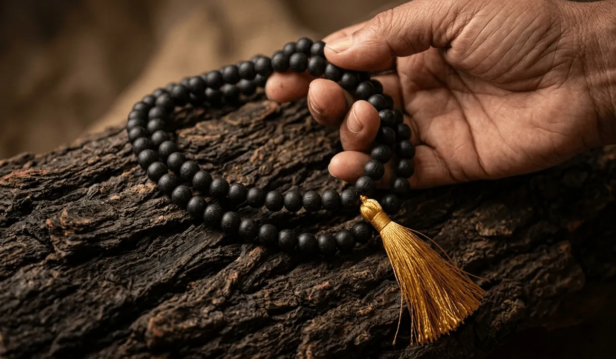 Authentic Karungali Black Ebony wood mala beads resting on raw ebony bark, highlighting the dense texture and spiritual grounding properties.