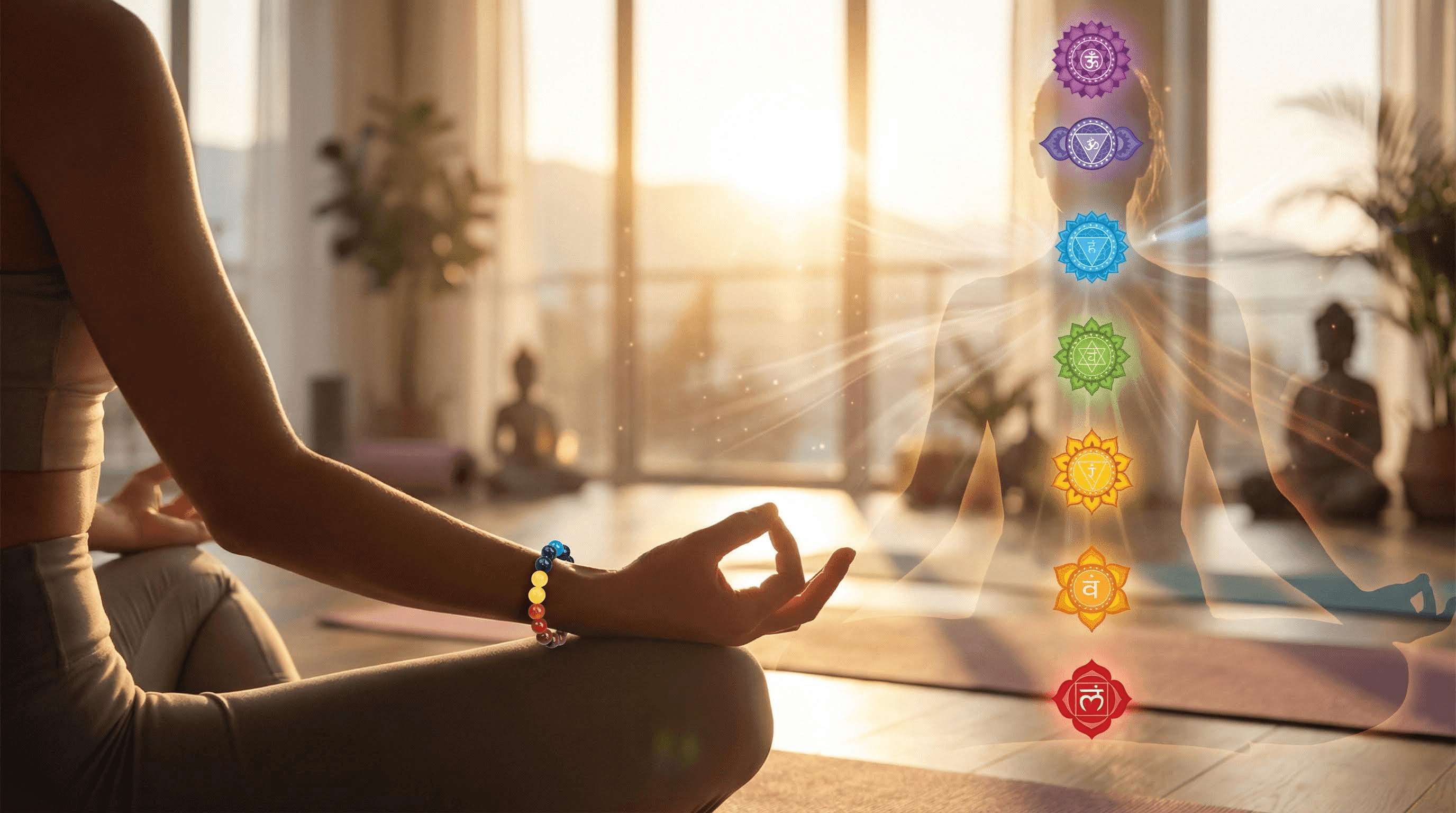 A person meditating with a 7 chakra bracelet on their wrist, symbolizing spiritual energy balance and chakra alignment.