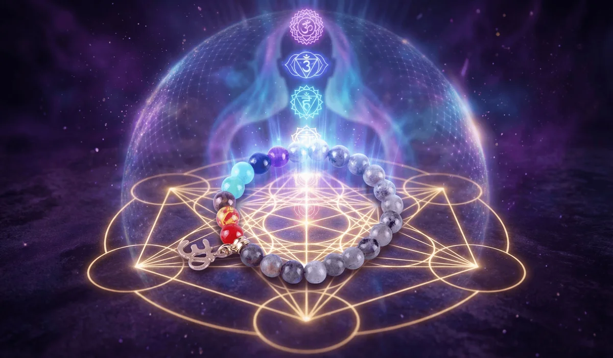 Labradorite bracelet on a sacred geometry symbol representing spiritual transformation and chakra balancing.