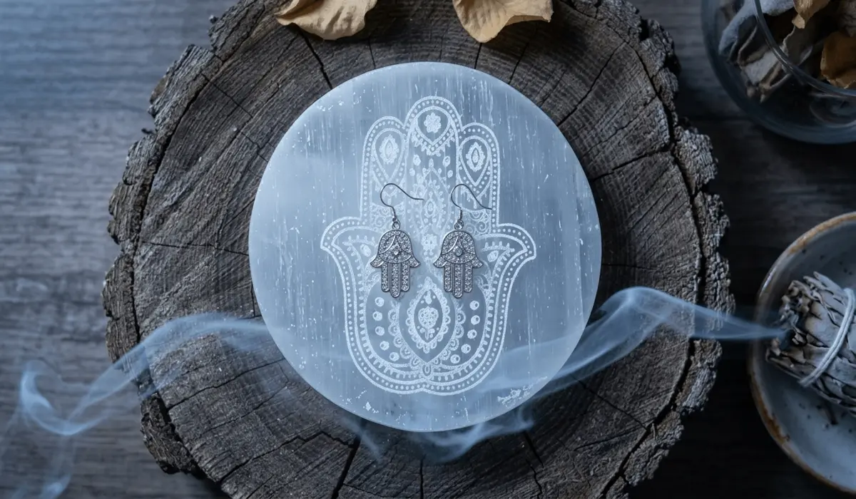 Hamsa hand earrings resting on a selenite crystal plate with sage smoke for spiritual cleansing and charging.