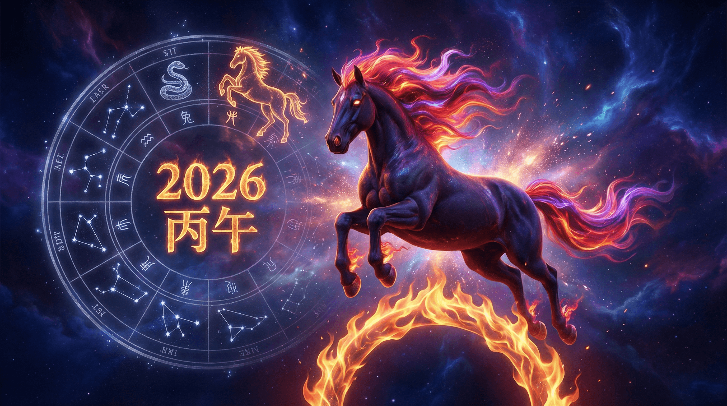 A powerful Fire Horse leaping through crimson and orange flames symbolizing the 2026 Bing Wu year energy.
