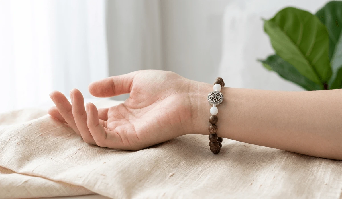 Close-up of a high-quality Agarwood bracelet worn on the left hand for Feng Shui energy reception.