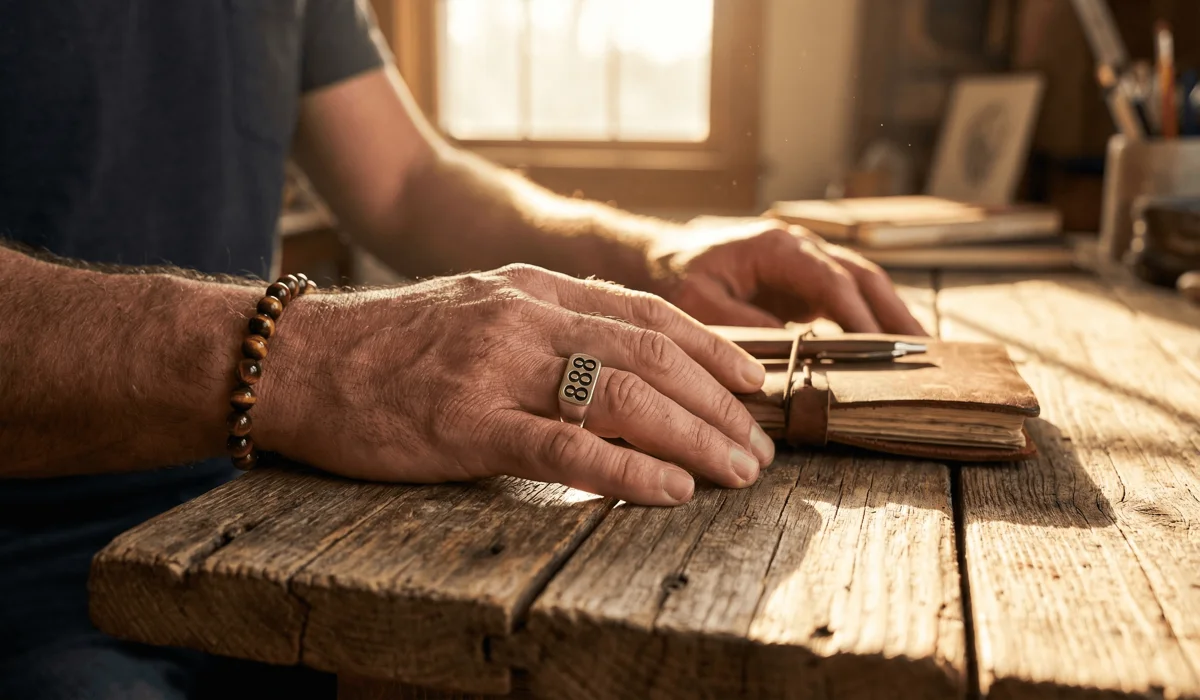 Men's spiritual jewelry featuring an 888 ring and tiger's eye beads for attracting abundance.