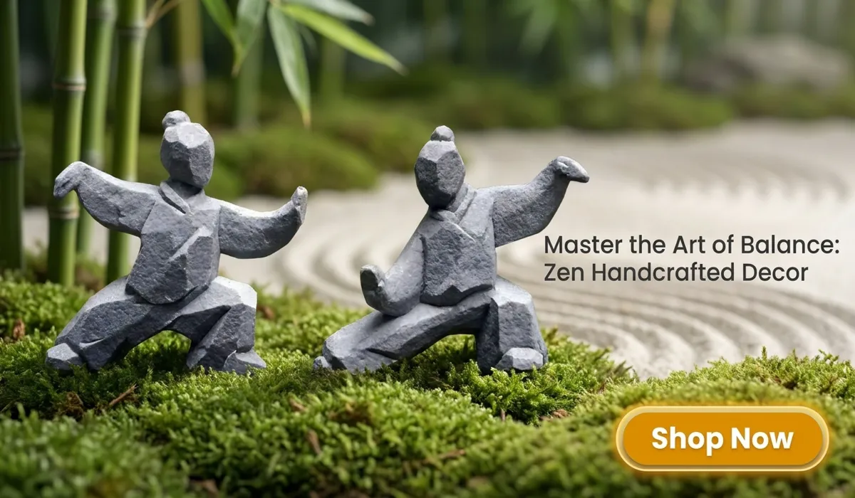 Handmade stone Tai Chi Kung Fu statues in a serene Zen garden setting, perfect for martial arts inspired home decor.