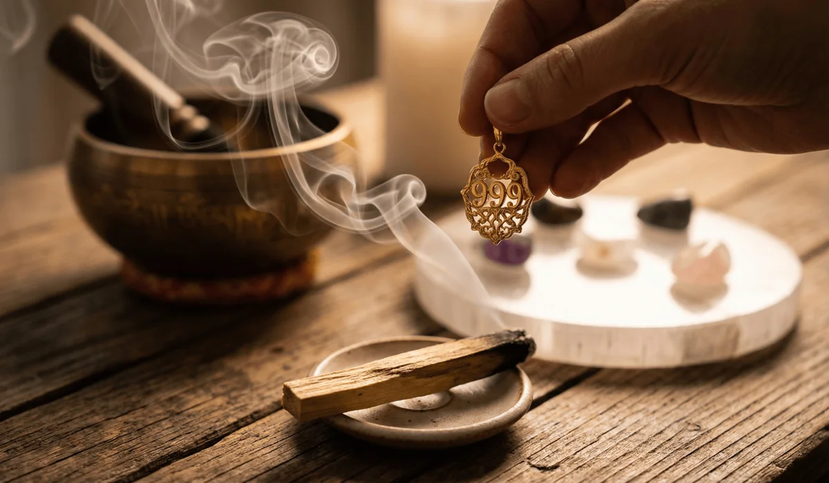 Cleansing angel number jewelry with palo santo smoke and a selenite plate to maintain its spiritual energy.