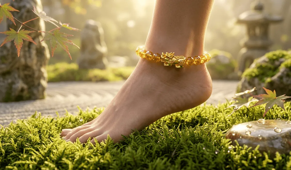 A citrine Feng Shui wealth anklet with a golden Pixiu charm worn on an ankle in a lush garden, representing grounding for abundance.