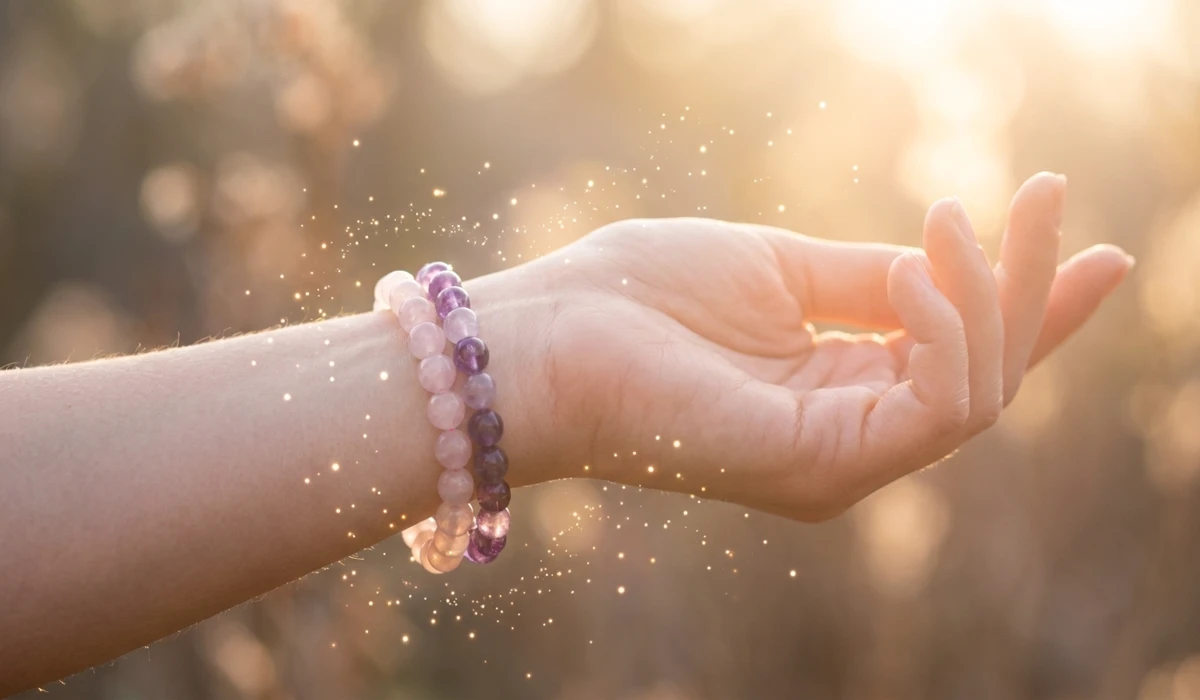 Close-up of gemstone bracelets on a woman's left wrist representing spiritual receiving energy and Yin flow.