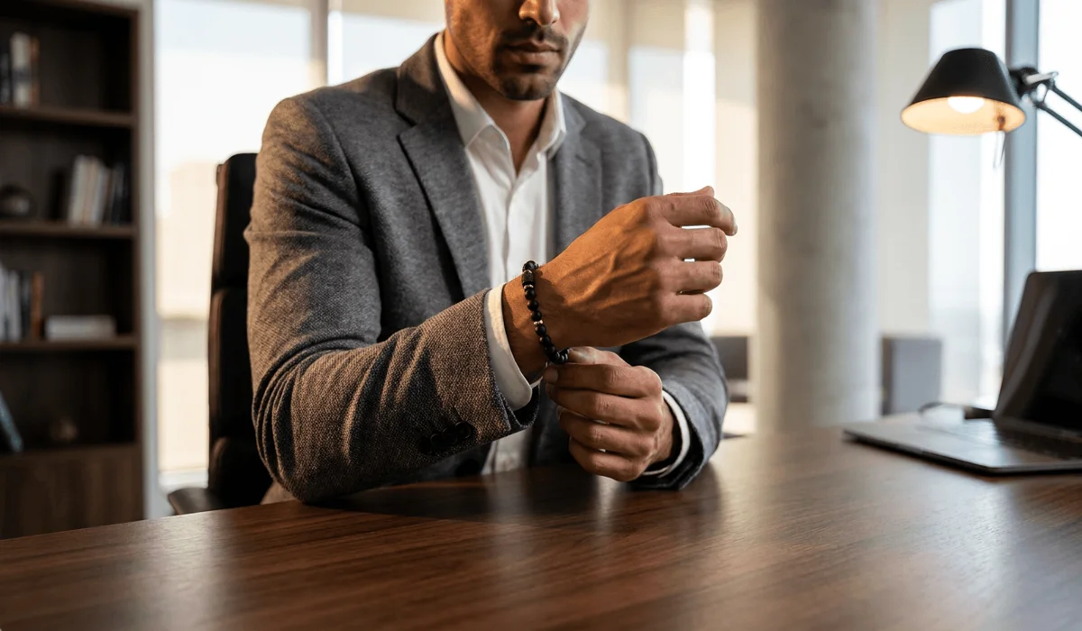 Confident male leader wearing a spiritual bead bracelet on his right wrist to boost confidence and focus in business.